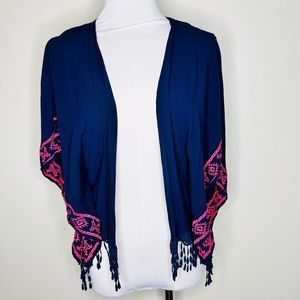 Belle Du Jour Kimono Cardigan XS Navy Blue Embroidered Dolman Open Front Fringe
